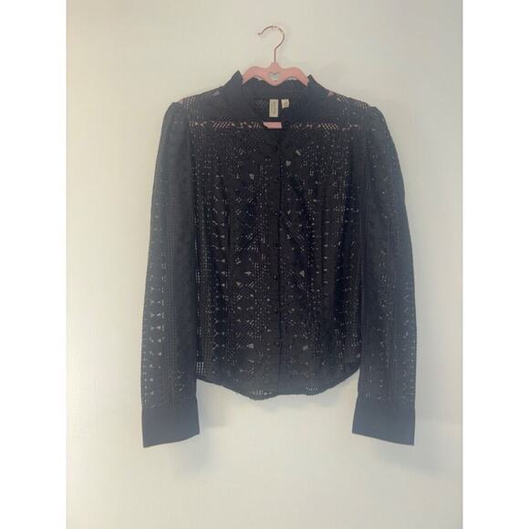Anthropologie Lace Button Down Top Gray Geometric Blouse Size 8 Office Boho Folk - Picture 1 of 6
